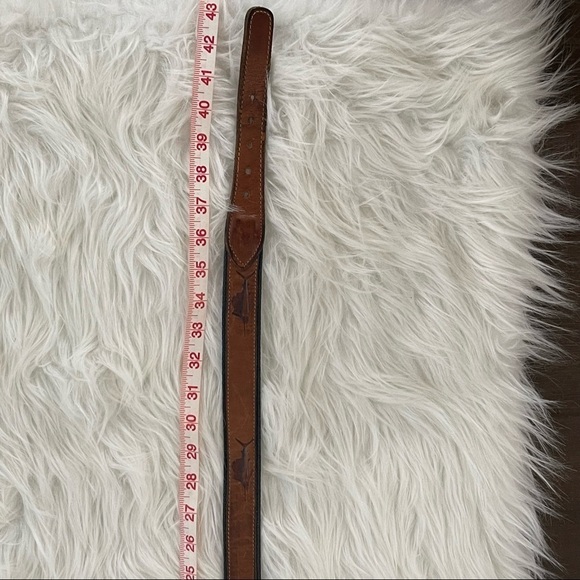 Men’s Navy Blue Brown Marlin Fish Print Solid Brass Belt 43” Length - Picture 3 of 5